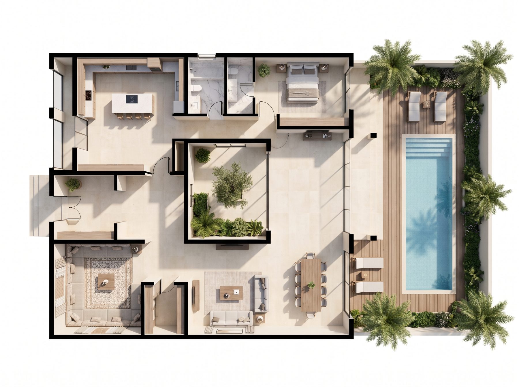 Coloured floor plan of a courtyard villa with a pool